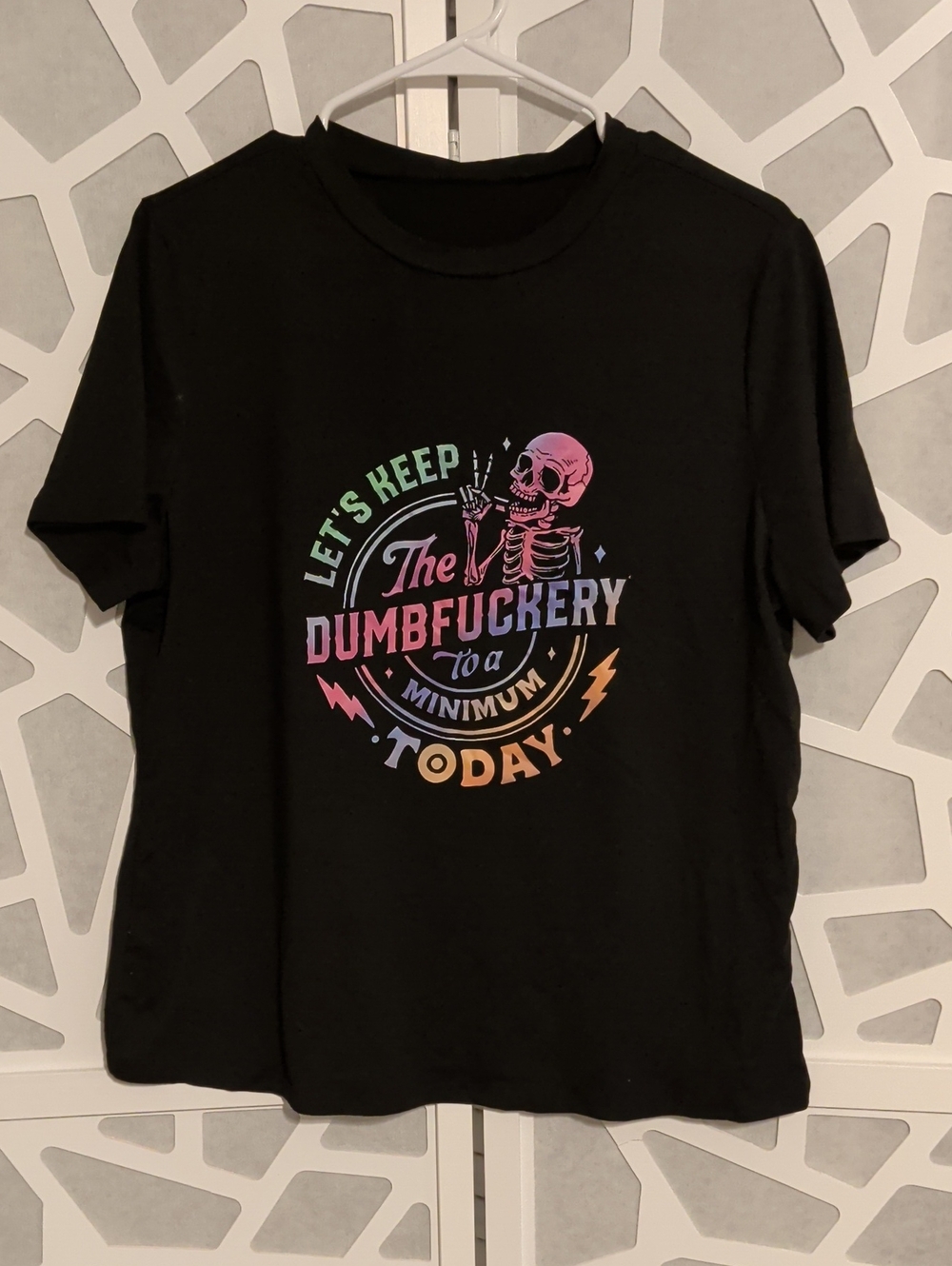 Source Unknown Black Short-Sleeve Tee with Rainbow Gradient Skull & Text Graphic